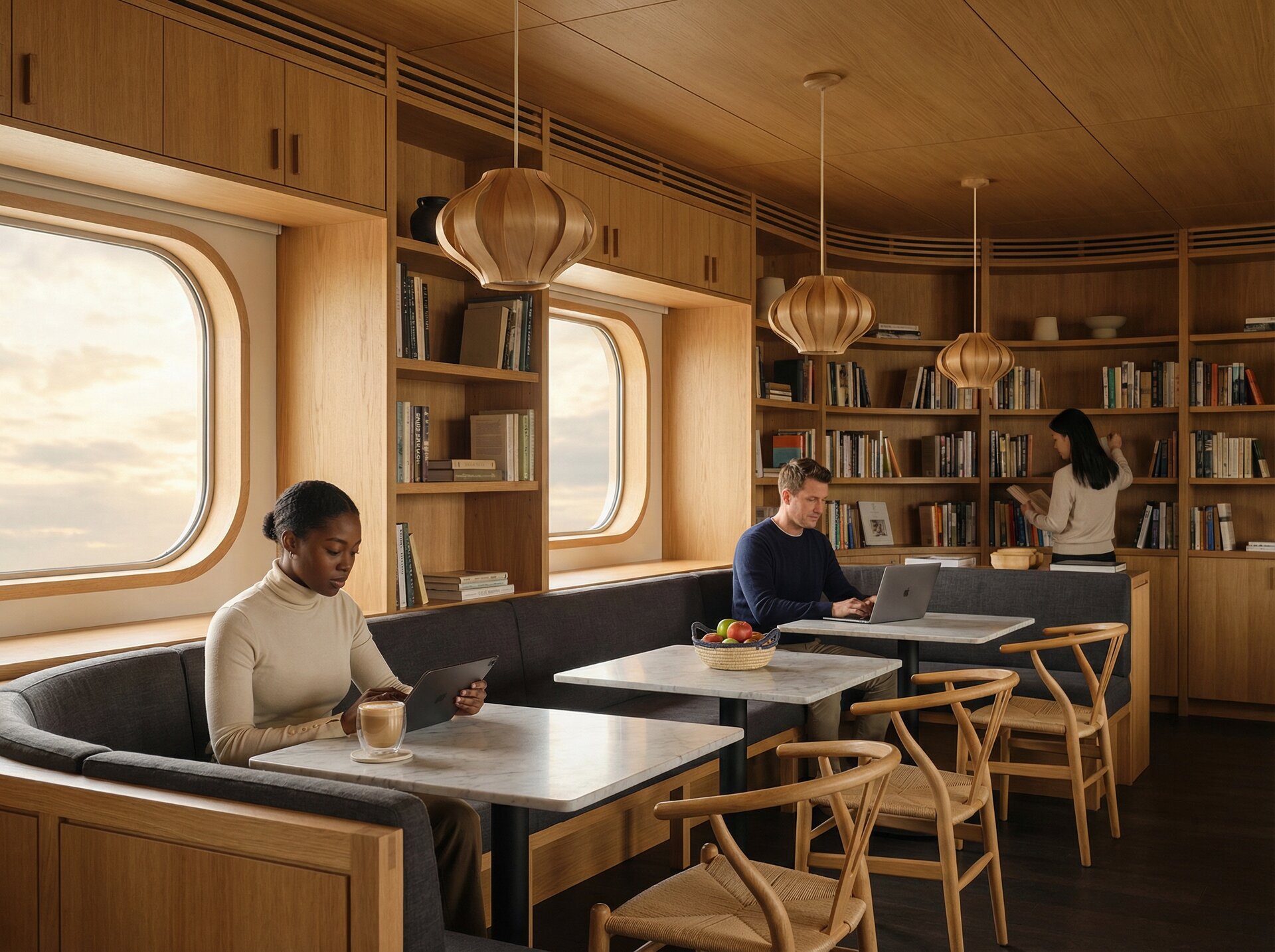 Café and reading room with espresso bar, marble bistro tables, and oak bookshelves