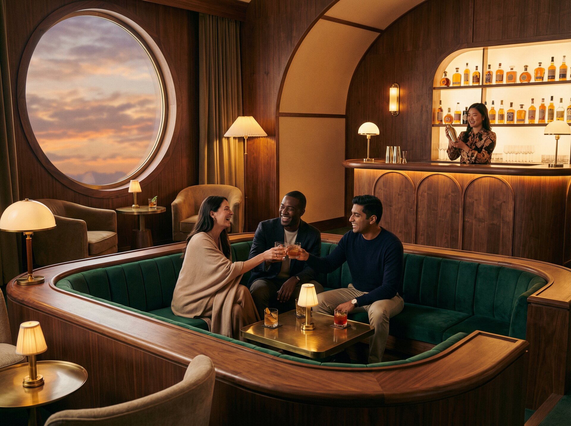 Intimate cocktail lounge with curved walnut bar, emerald velvet banquettes, and sunset clouds