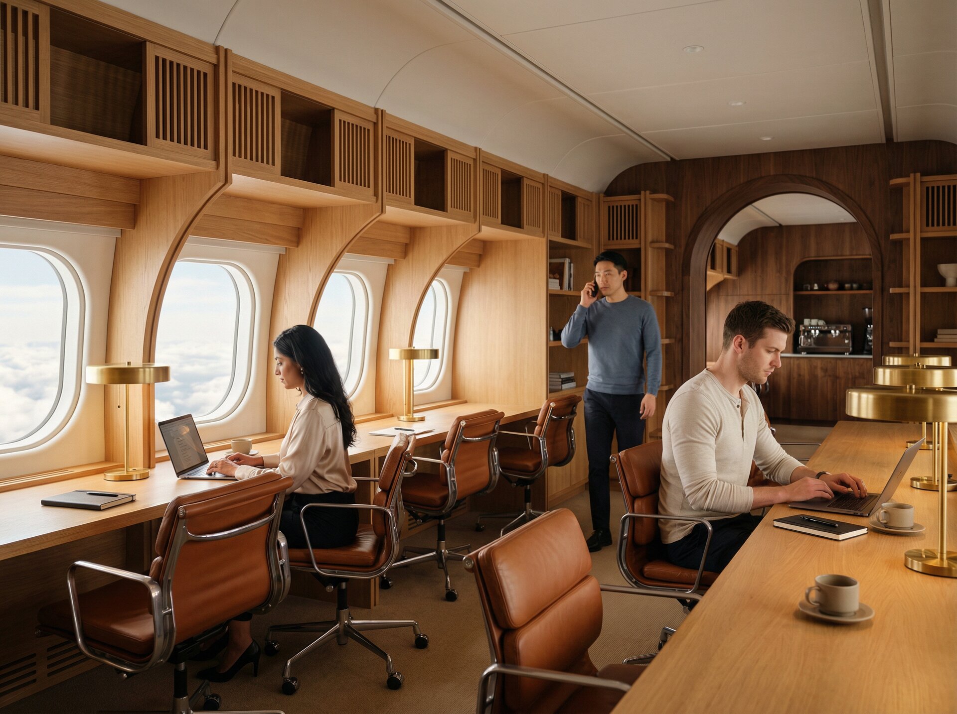 Coworking lounge with Eames chairs, brass task lamps, and panoramic oval windows