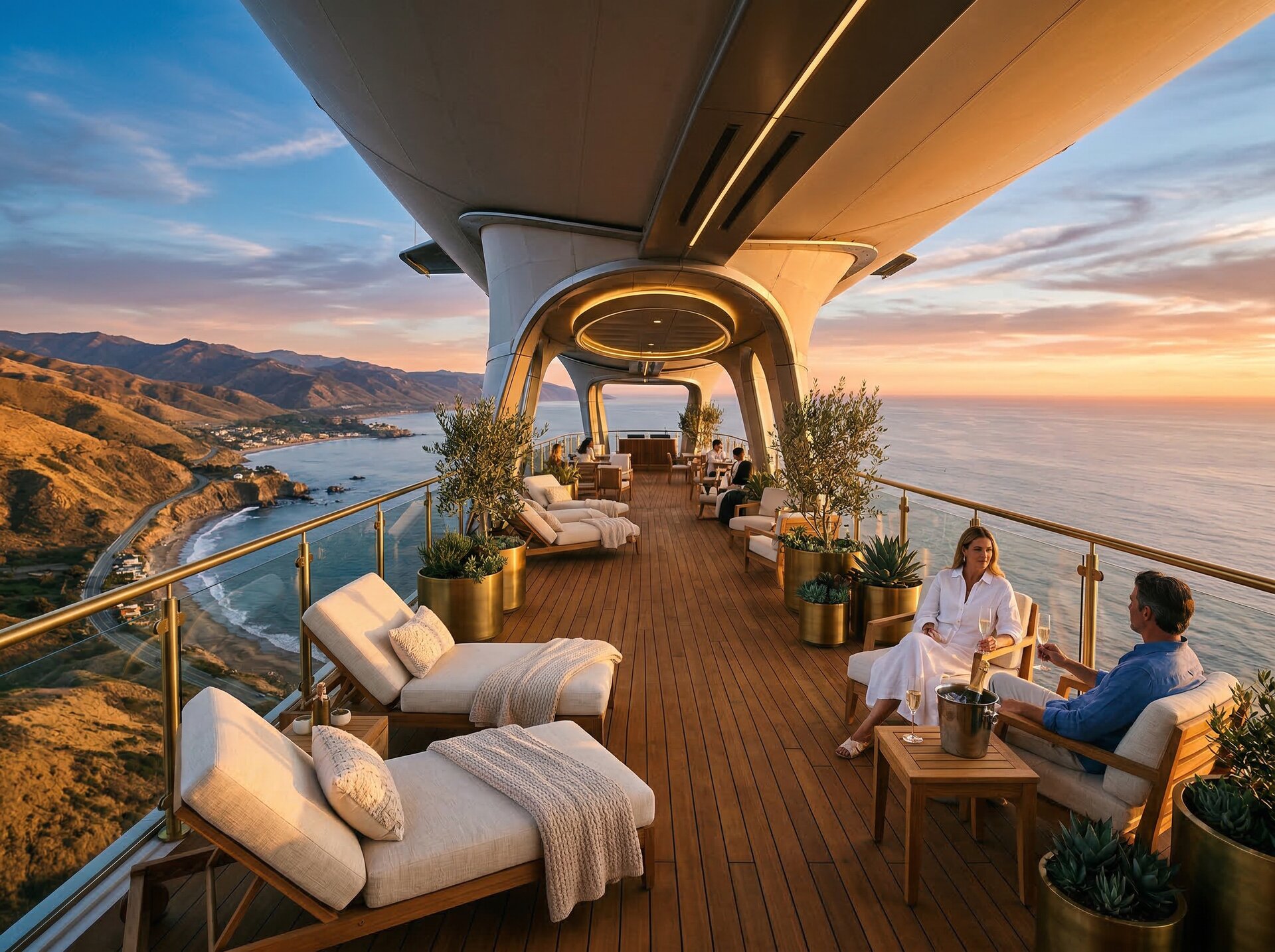 Open-air observation deck with teak loungers, brass railings, and sunset over the California coast