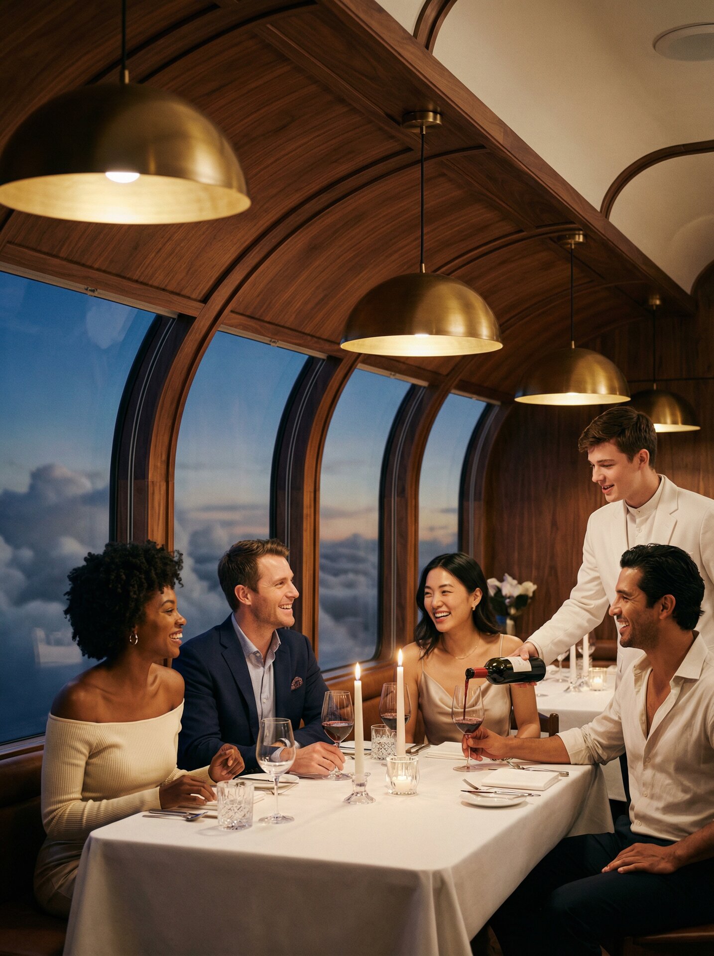 Diverse friends at a candlelit dinner above the clouds