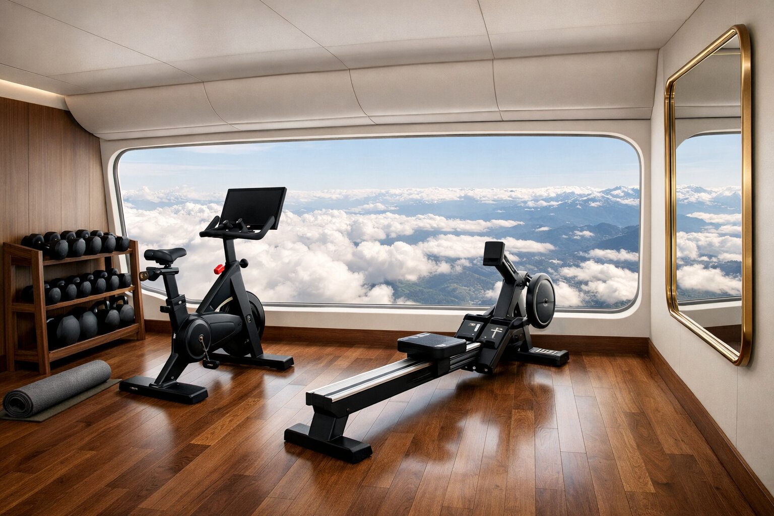 Fitness studio with panoramic windows overlooking clouds