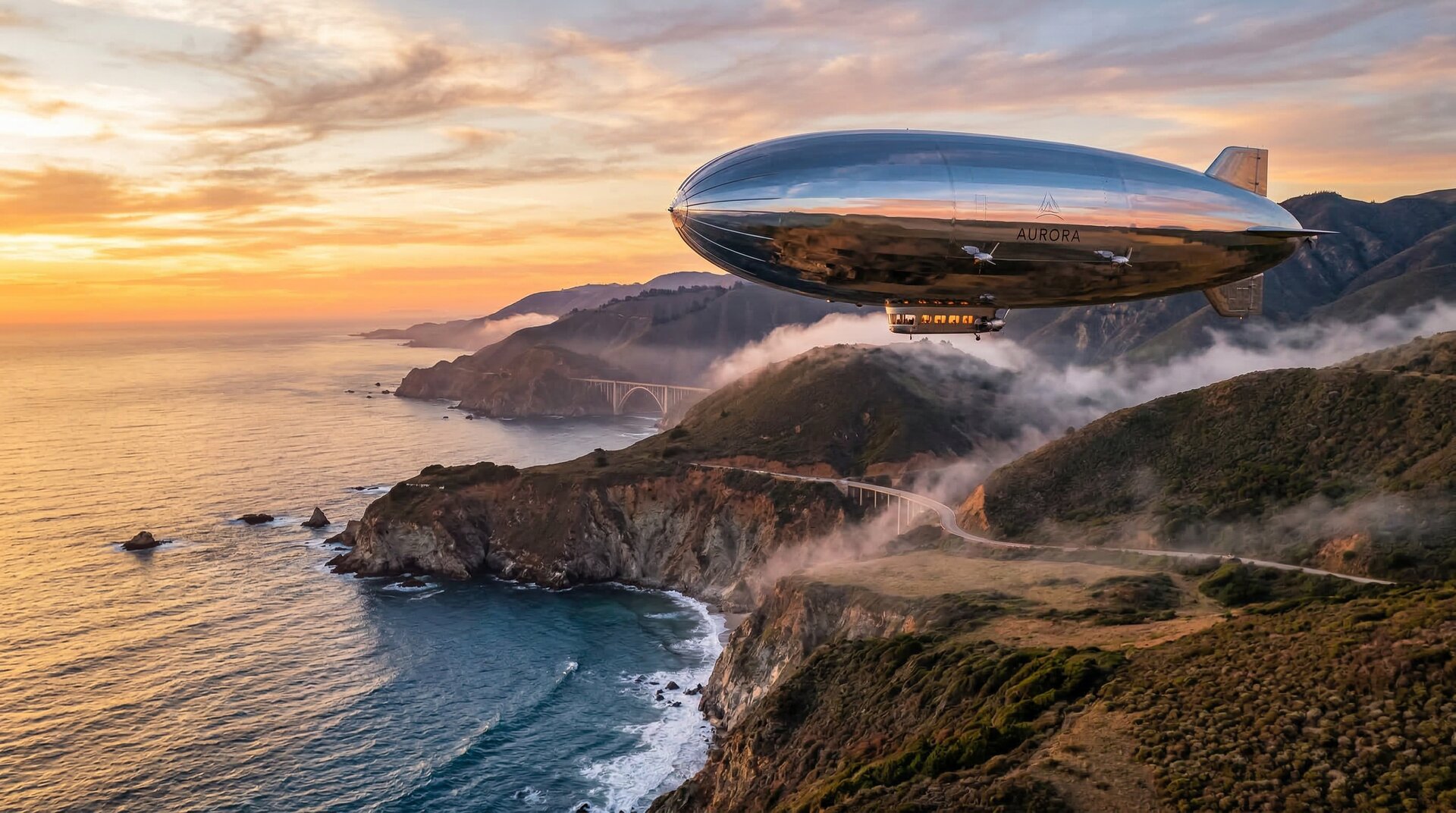 A chrome airship glides over the Big Sur coastline at golden hour, Bixby Bridge visible through coastal fog