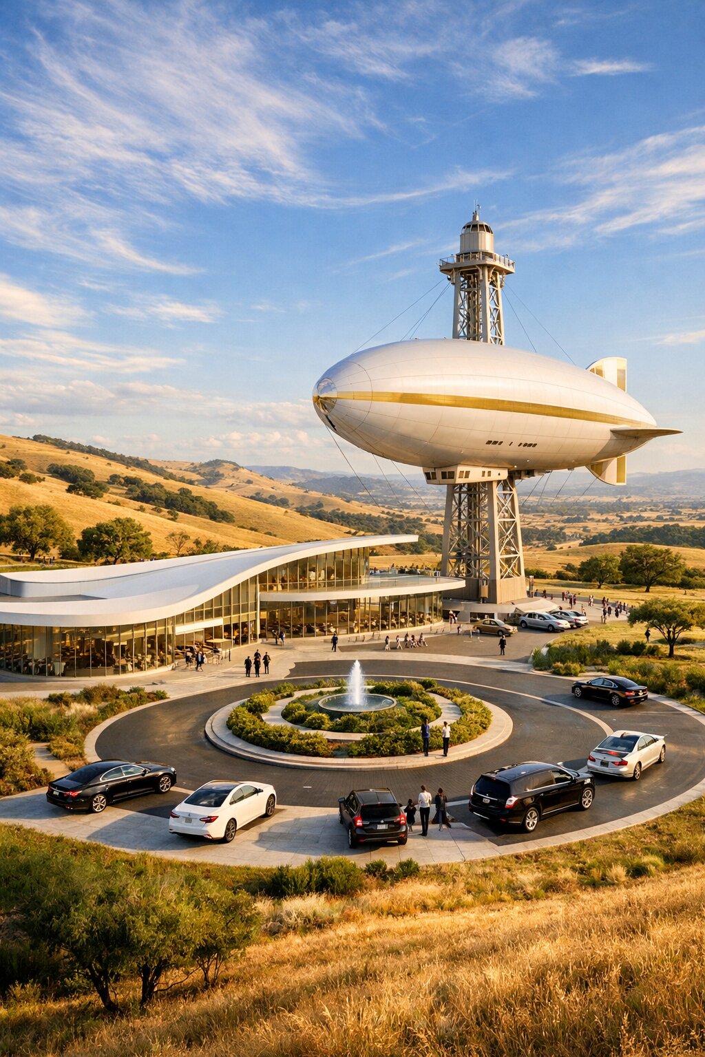 Futuristic airship terminal in golden rolling hills of Solano County