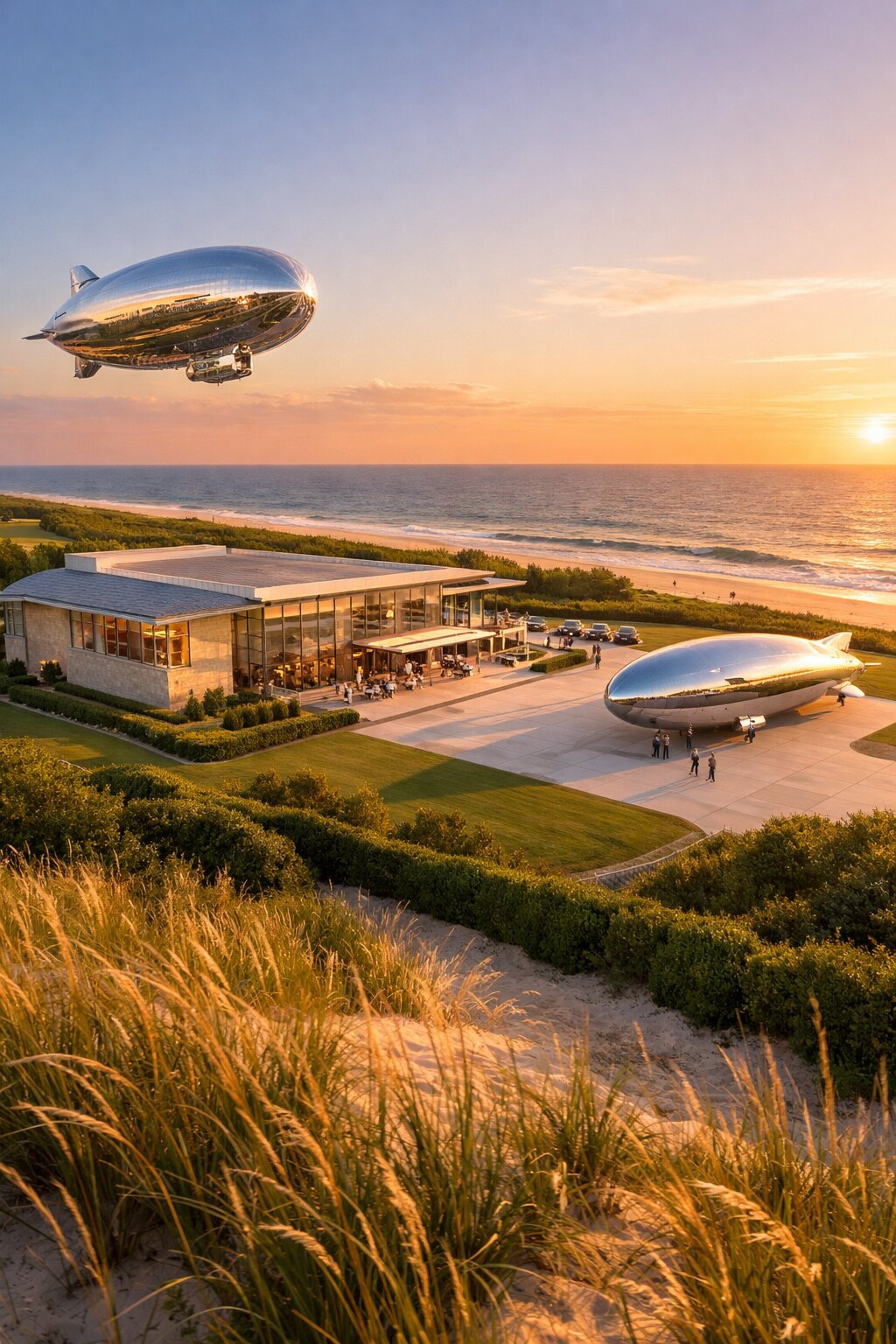 Luxury airship terminal on the Hamptons beachfront with dune grass, hedgerows, and Atlantic Ocean at sunset