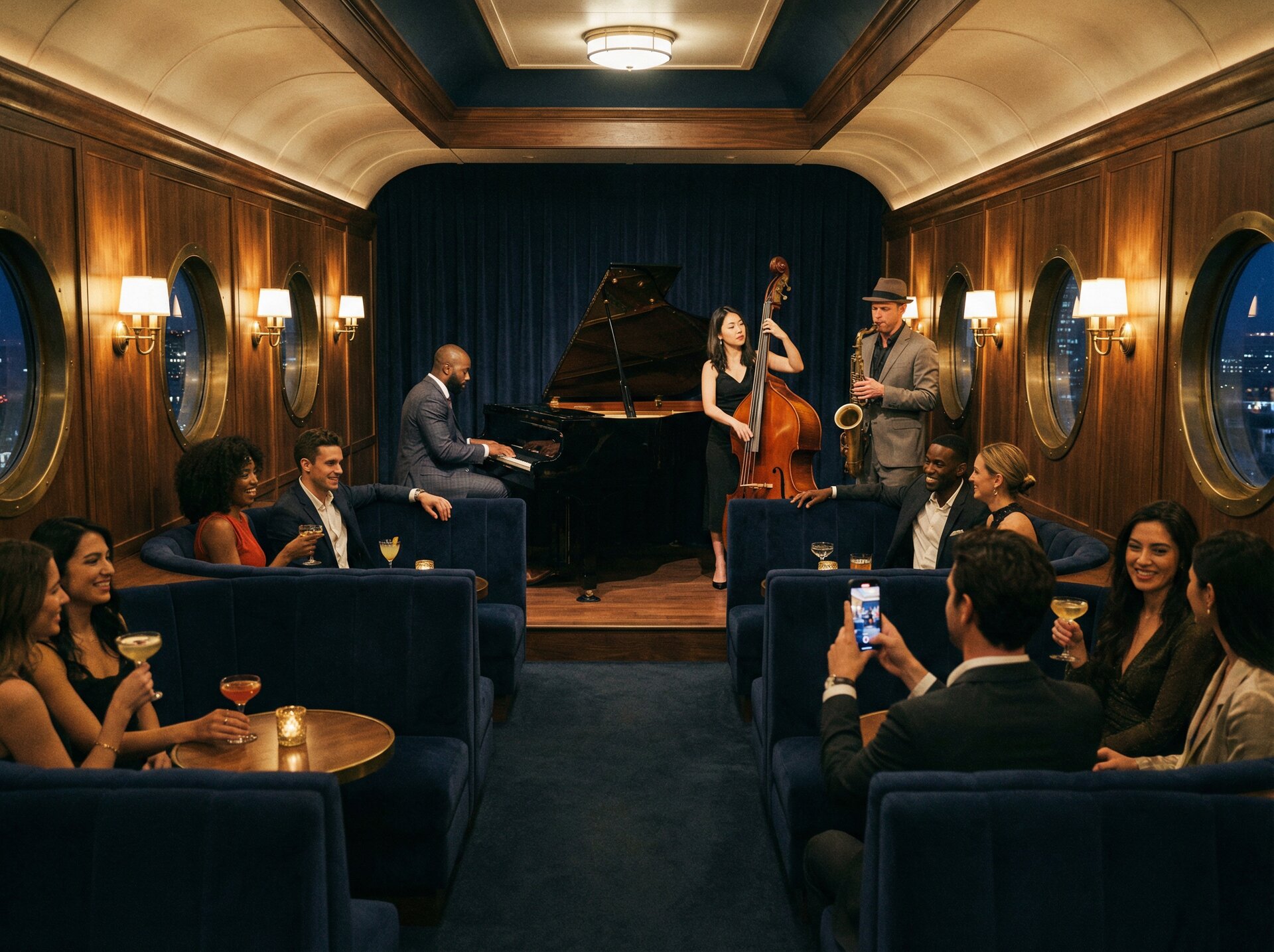 Jazz music room with live trio, navy velvet curved booths, and candlelight