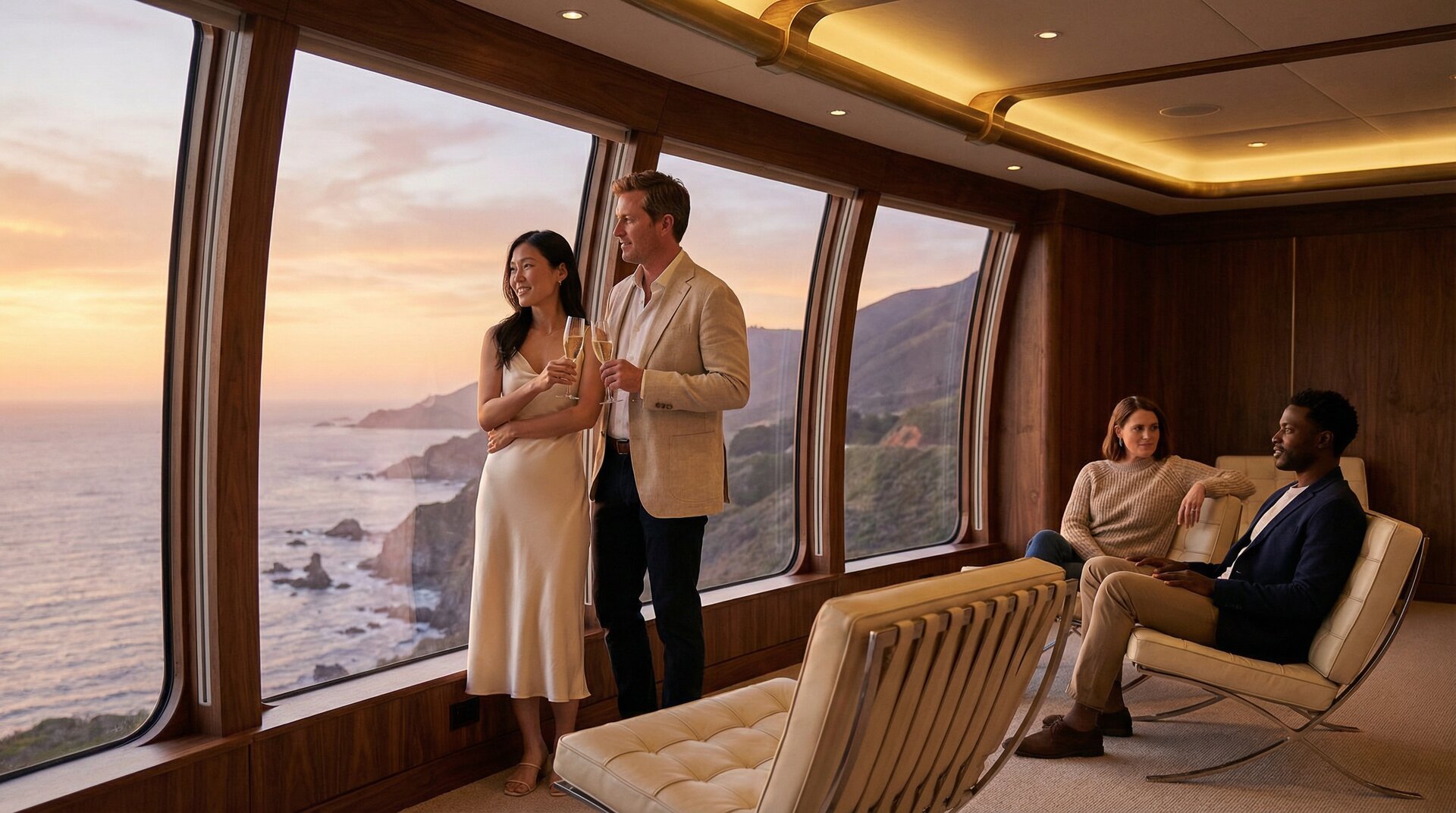 A diverse couple at the panoramic windows of the observation lounge, champagne in hand, Big Sur coastline at golden hour