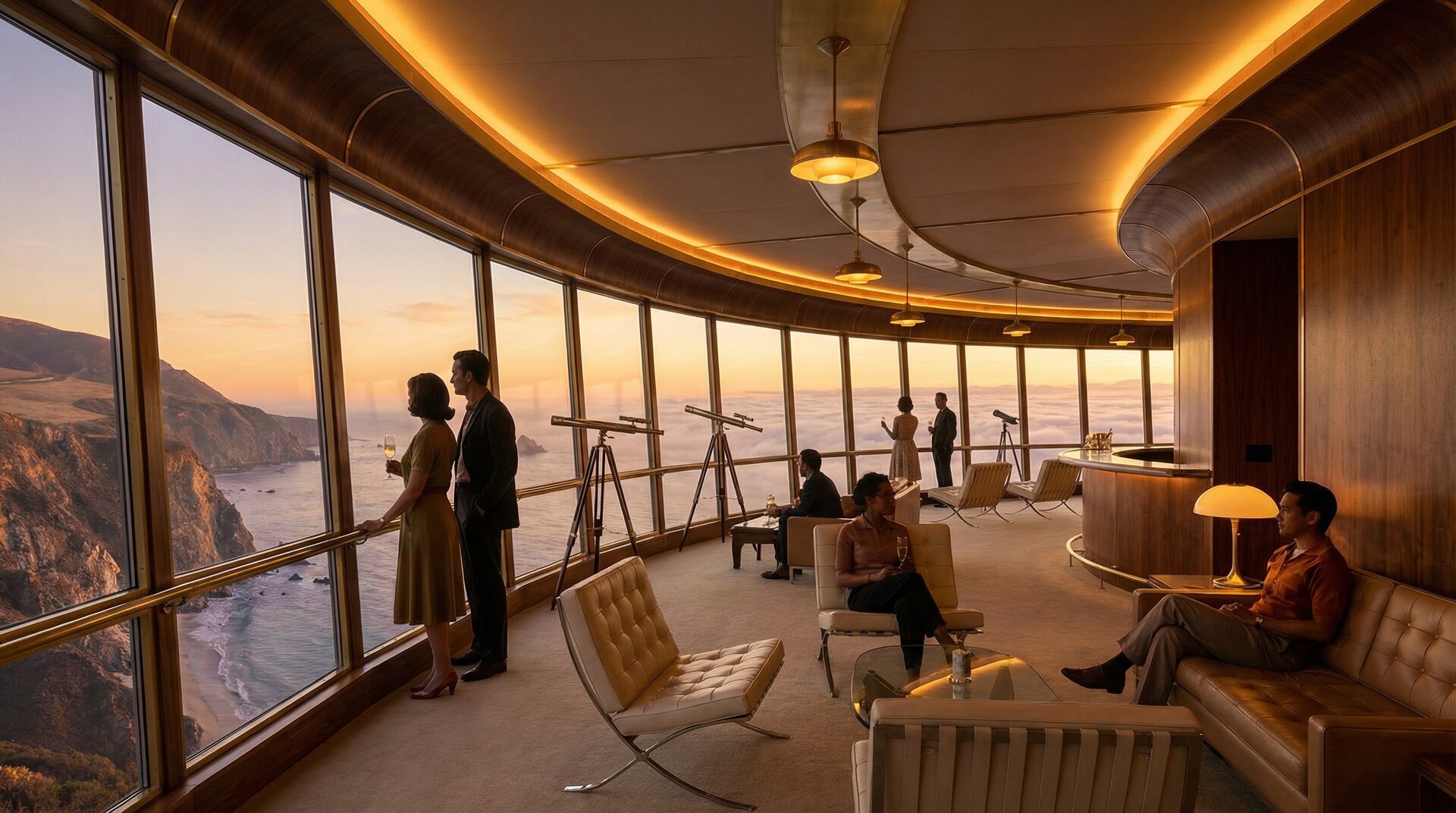 The sweeping observation lounge with curved panoramic windows overlooking Big Sur coastline at golden hour