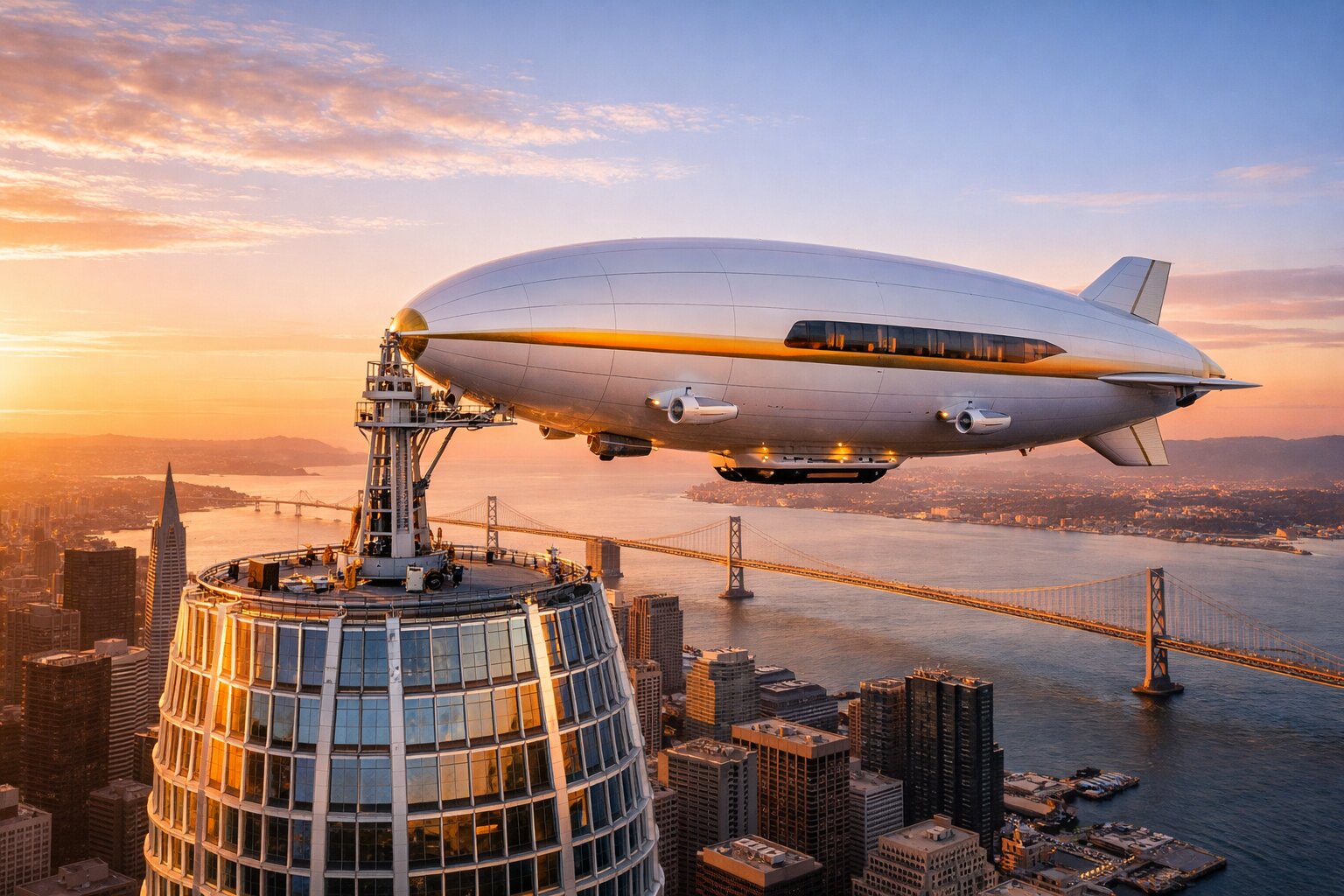 A luxury airship docking atop the Salesforce Tower in San Francisco at golden hour