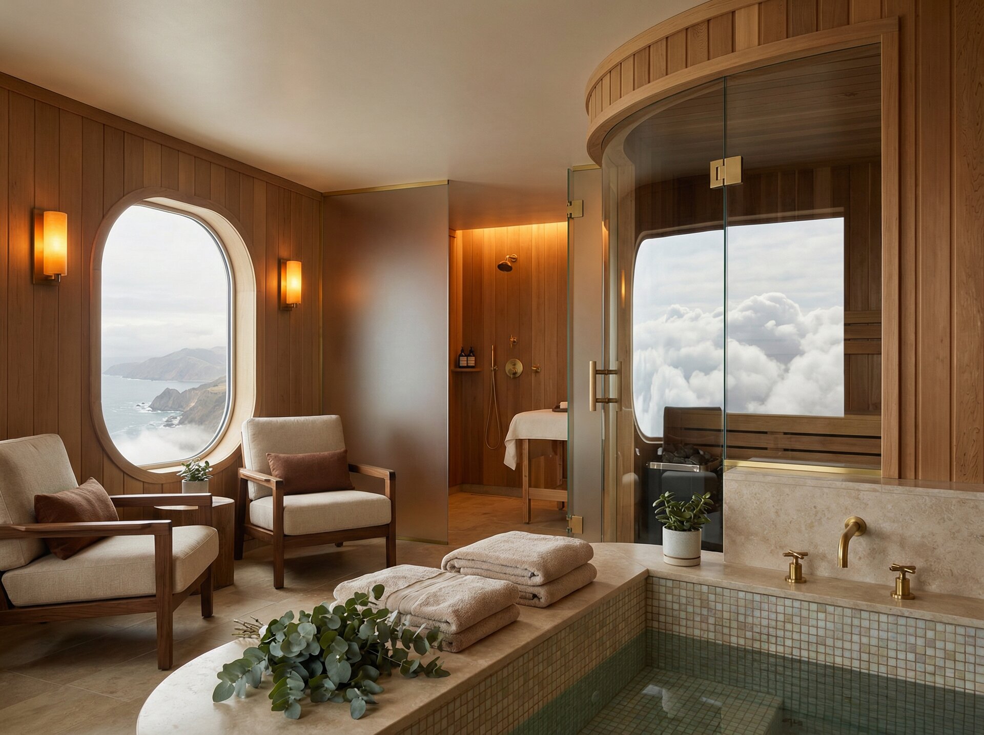 Luxury spa with cedar sauna, plunge pool, and massage treatment at altitude