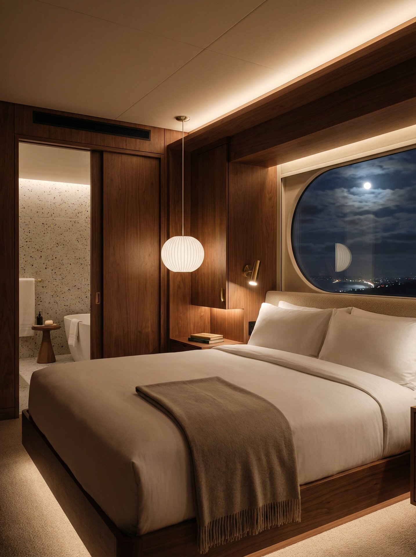Private suite with walnut millwork, Bubble lamp, and moonlit oval window